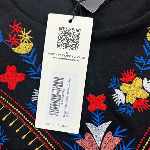 Lai Meng Five Cats Embroidered Floral Folk art Mini Dress Black Size XL NWT - Picture 11 of 14